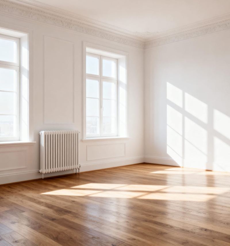 Freshly painted room with bright white walls, white trim and a warm wood floor