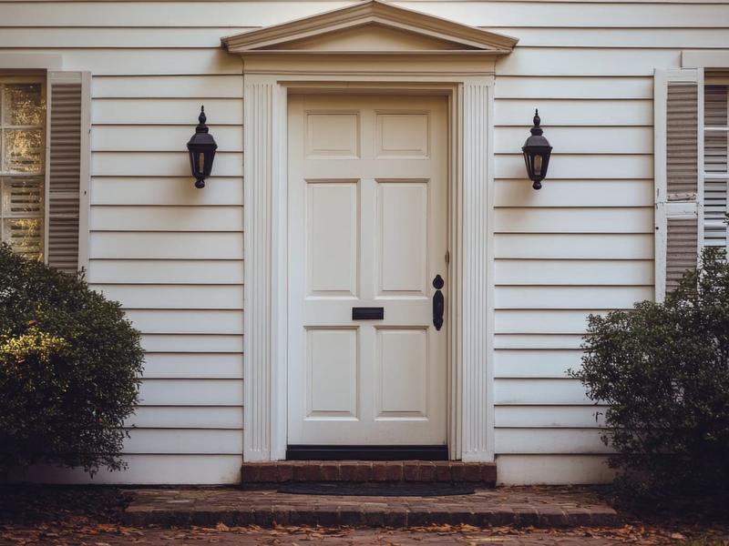 Classic white colonial house entrance with freshly painted siding and trim