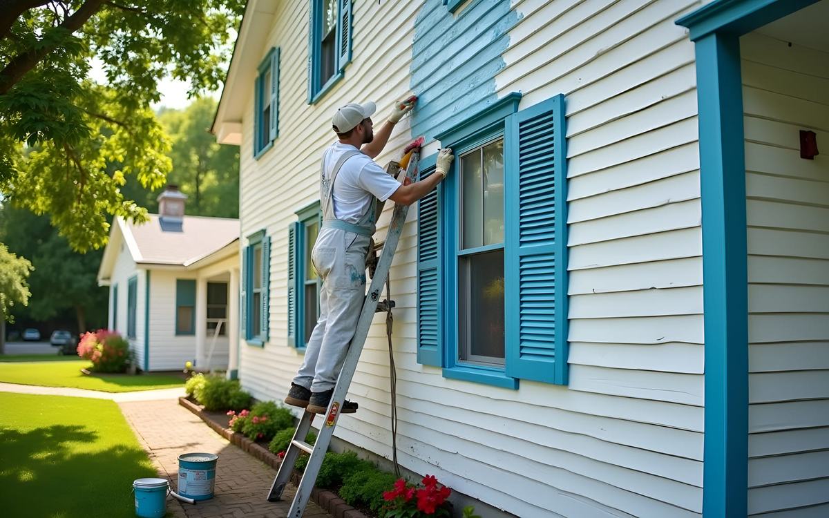 Painter coating the exterior siding of a residential home from a ladder