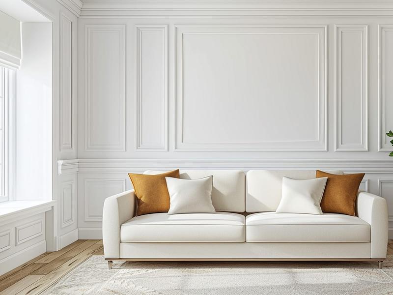 Living room with freshly painted walls, white trim and a pale sofa